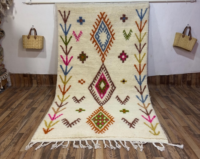 Azilal Moroccan Rug, Handmade Berber Wool Shag Carpet, Boho Abstract Area Rug, Colorful Ivory Living Room Rug, Custom Size Available