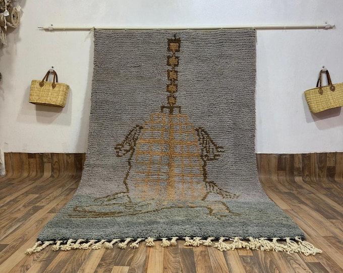 Neutral Grey-Taupe Moroccan Wool Carpet: with Ochre Crocodile Symbol | Custom Hand-Knotted Berber Textile