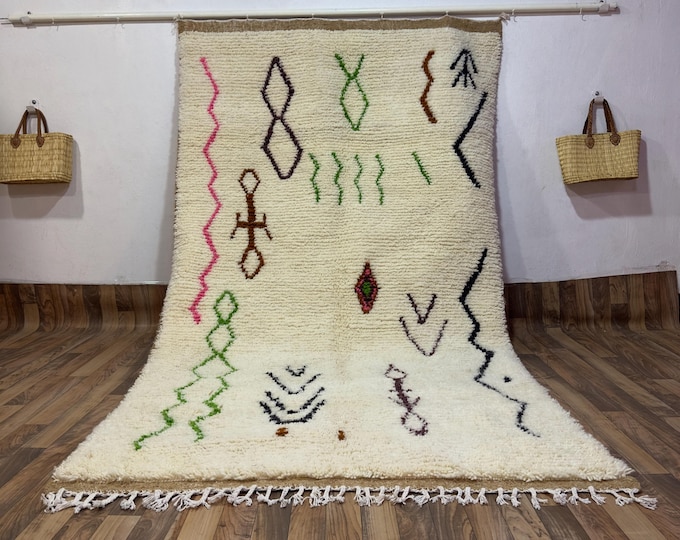 Authentic Azilal Rug - Moroccan Colorful Abstract Shag Carpet - Handmade Natural Wool with Symbolic Berber Design - Custom Size