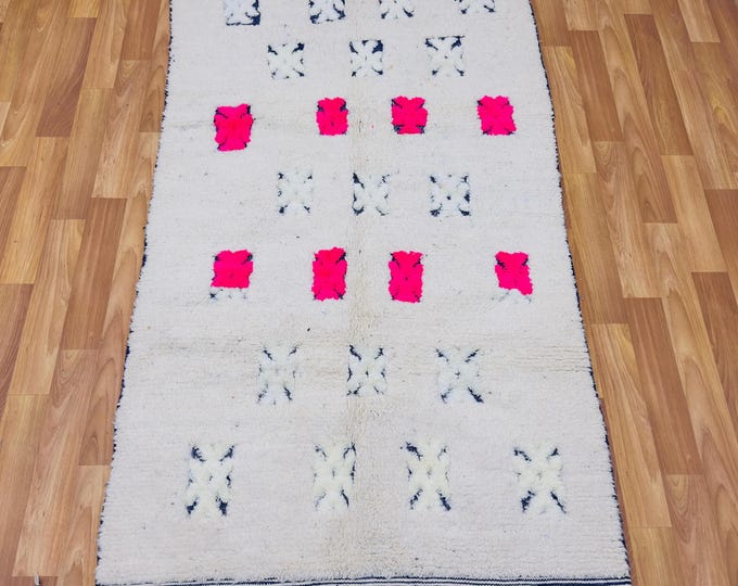 Engraved drawing rug Style – Handmade Moroccan Wool Carpet with Hot Pink & Indigo Tribal Dots | Cream Minimalist Berber Decor | Custom Sizes