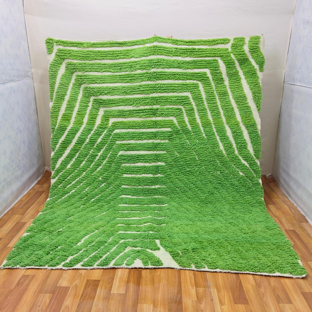 Engraved Rugs Modern Moroccan Engraved Wool Rug – Vibrant Green Maze Pattern ...