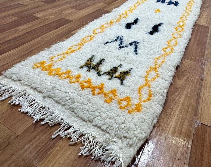 Moroccan Berber Runner Rug | Ivory Wool Hallway Carpet | Handmade Tribal Moroccan Decor