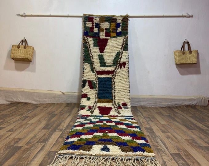 Handmade Moroccan Runner Rug | Colorful Wool Carpet with Geometric Art & Abstract Designs | Boho Entryway
