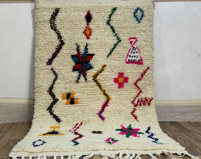 Vibrant Azilal Wool Rug | Handwoven Berber Abstract Carpet | Custom Bohemian Home Decor & Gifts