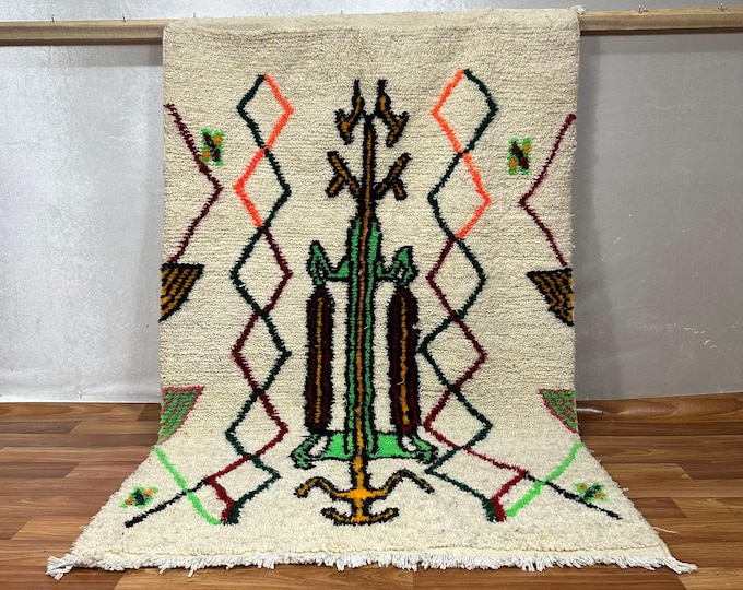 Berber Wool Rug – Tribal Amazigh Symbol Carpet – Colorful Moroccan Handmade Art – Abstract Geometric Boho Decor – Atlas Wall Rug