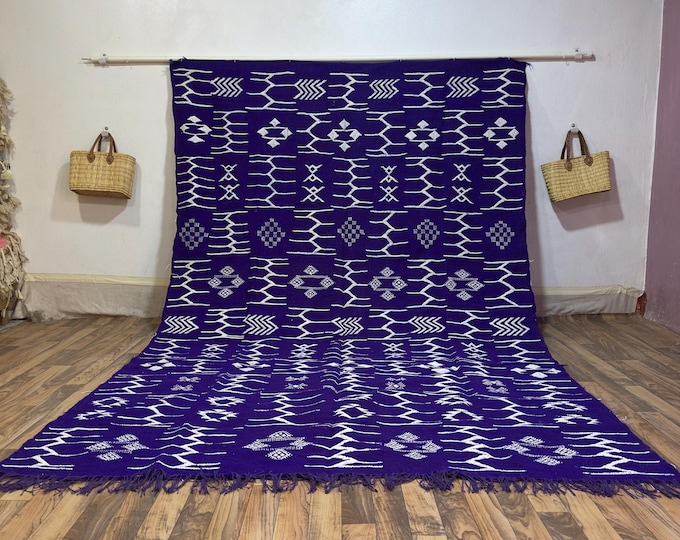 Genuine Purple Zanafi Rug | Handwoven Moroccan Wool Carpet with White Tribal Motifs