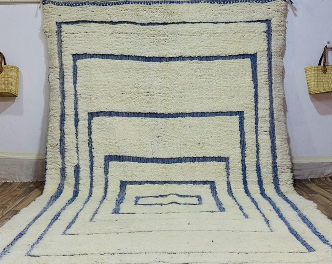 Handwoven Blue and White Rug | Engraved Moroccan Wool Carpet with Concentric Squares