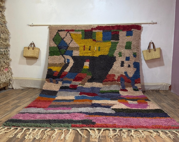 Colorful Abstract Rug – Handwoven Moroccan Wool Carpet with Cubist Landscape, Home Decor & Gift Item
