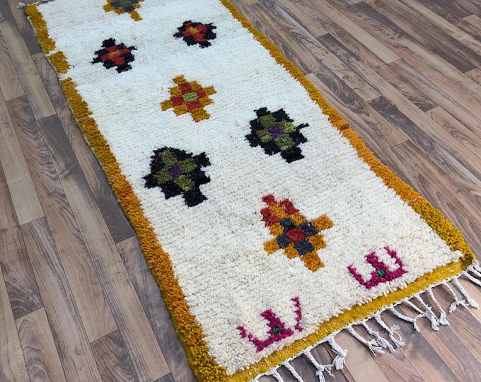 Beni Ourain Moroccan Runner Rug – Handmade Berber Wool Hallway Rug with Colorful Tribal Symbols