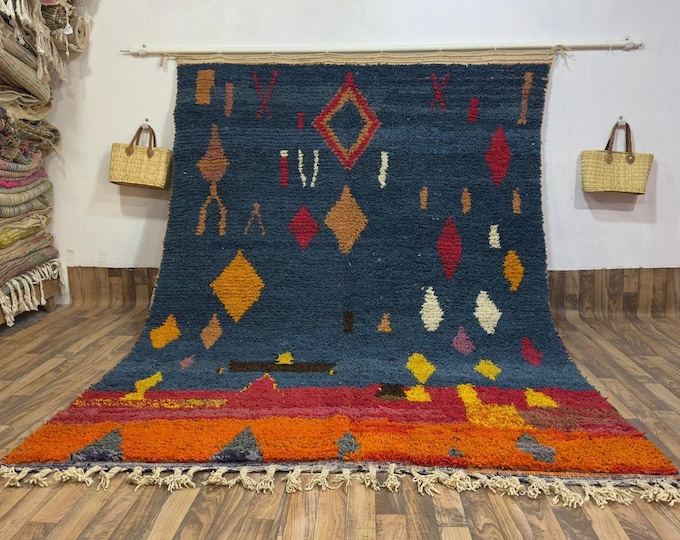 Deep Blue Moroccan Shag Rug | Colorful Diamond Abstract Art | Tribal Maximalist Area Rug