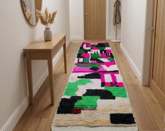 Pink Green Moroccan Wool Runner, Handmade Berber Hallway Carpet, Abstract Colorful Kitchen Rug