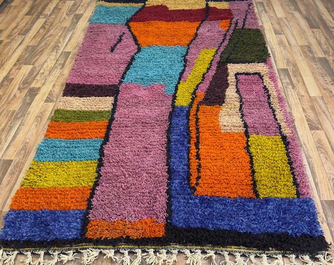 Maximalist Abstract Moroccan Rug - Colorful Funky Berber Shag Carpet - Hand-Knotted Wool Art Piece - Eclectic Statement Rug