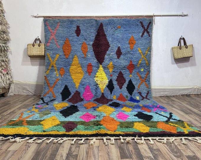 Bohemian Statement Textile | Blue & Yellow Moroccan Floor Covering: Hand-Knotted Wool Rug