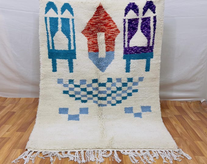 Artisanal Moroccan Wool Rug: Azilal Tribal Influence, Cream & Multicolor, 3x5 ft