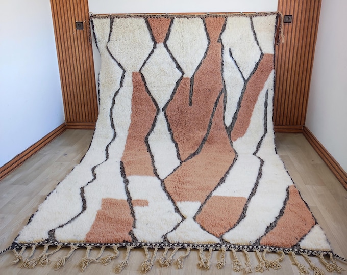 Handwoven Moroccan Wool Rug Cream Dusty Pink Beni Ourain Berber Diamond Pattern Living Room Area Rug