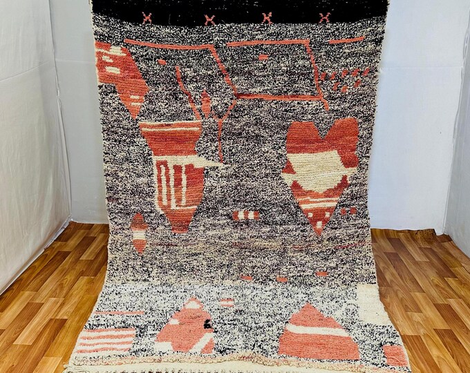 Moroccan Wool Rug: Terracotta Hearts & Tribal Symbols, Hand-Knotted