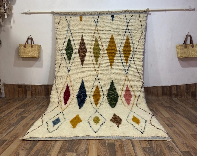 Vibrant Moroccan Rug | Custom Hand-Knotted Berber Wool Carpet | Cream with Multi-Hued Geometric Patterns | Fertility & Protection Textile