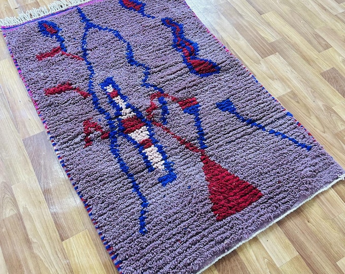 Handwoven Violet Wool Berber Rug: Abstract Moroccan Art