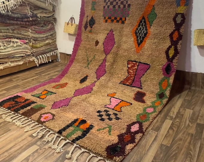 Neutral Shag Rug | Hand Knotted Symbolic Boujad Carpet | Fuchsia Pink Maximalist Statement