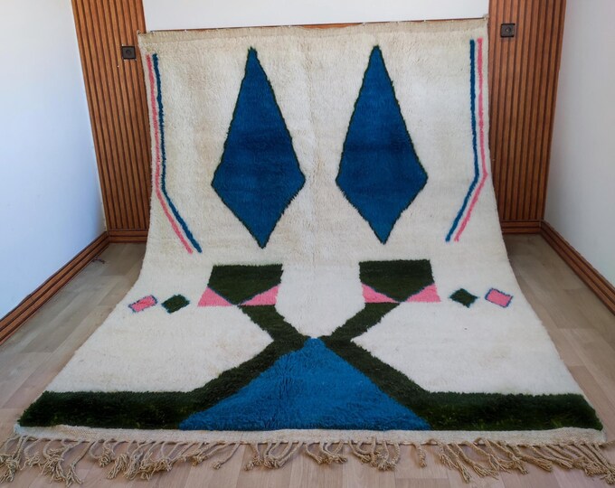 Authentic Handknotted Azilal Wool Rug | Teal Diamond Geometric Berber Living Room Area Rug
