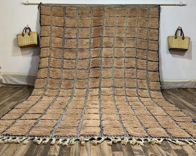 Elegant Checkered Rug, Brown and Grey Moroccan Wool Carpet, Made to Order Textured Grid Rug for Modern & Neutral Decor