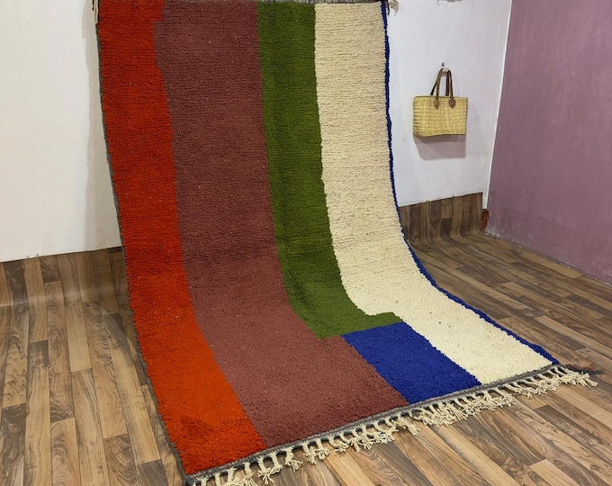 Bold Geometric Moroccan: Rug Red Green Blue Color Block Plush Wool Shag Carpet for Gift