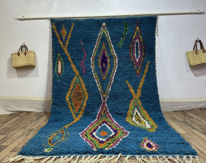 Teal Blue Area Rug, Abstract Moroccan Carpet with Colorful Diamonds, Custom Made to Order Wool Rug