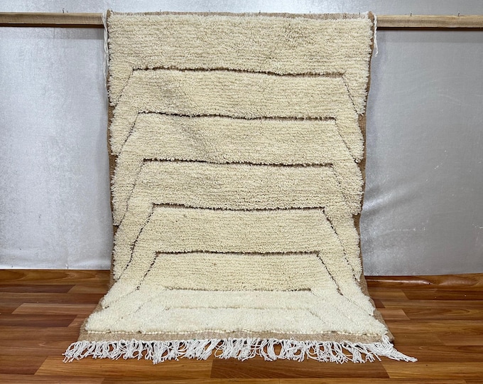 Ivory Chevron Wool Rug – Moroccan Handmade Berber Carpet – Minimalist Geometric Runner – Natural Wool Area Rug – Modern Decor