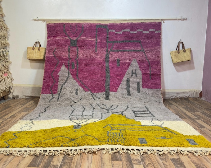 Pictorial Landscape Wool Rug | Handwoven Moroccan Art Carpet in Magenta, Grey & Gold