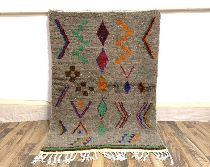 Earthy Grey Wool Rug | Handwoven Moroccan Carpet with Colorful Abstract Tribal Motifs