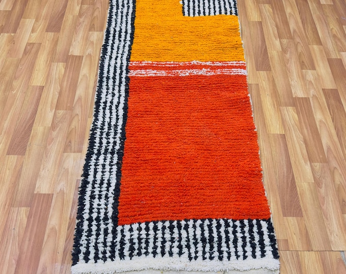 Handwoven Moroccan Berber Rug: Orange & Black Hallway Runner