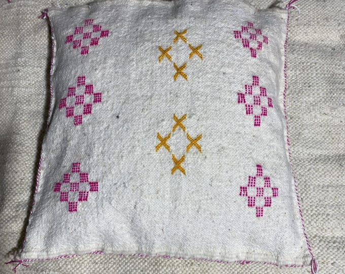 Wool Floor Cushion 18"x18" | Authentic Moroccan Berber Pouf Cover | Pink Mustard Yellow