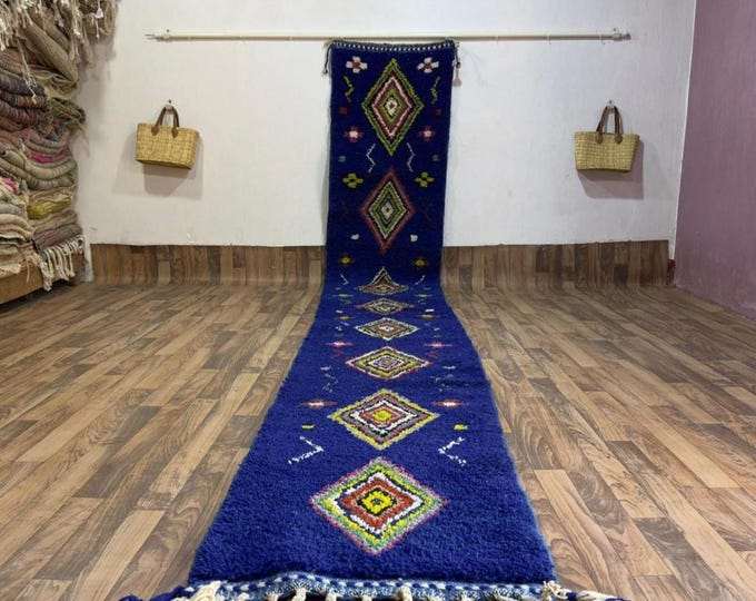 Cobalt Blue Hallway Runner | Hand-Knotted Moroccan Wool Path with Mosaic Diamonds