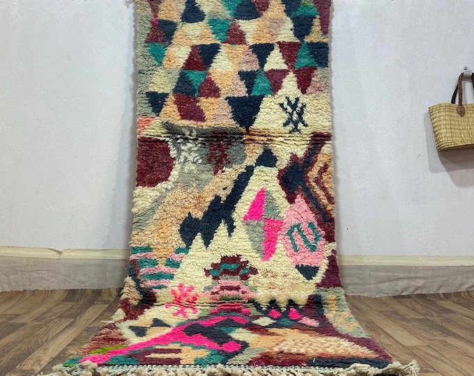 Long Wool Runner Rug – Handmade Berber Carpet (90 x 228 cm) | Colorful Tribal Wool Rug | Boho Hallway Decor | Ready to Ship