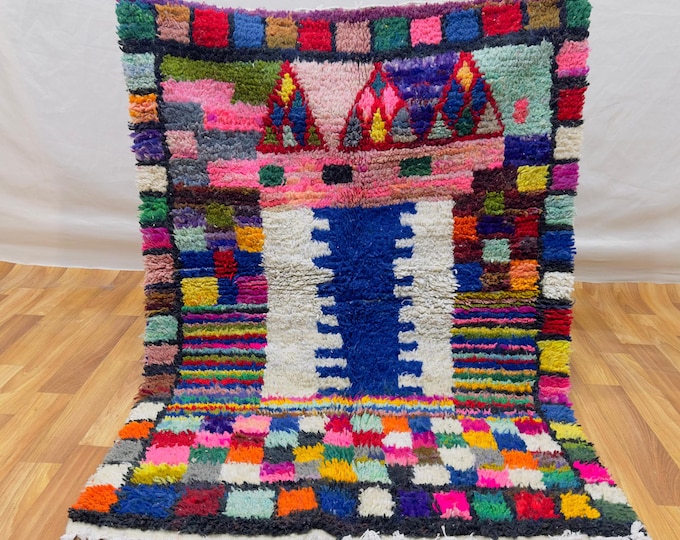Handwoven Moroccan Rug: Tribal Castle Motif, Colorful Boho Decor