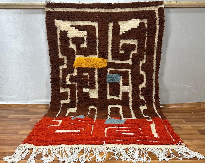 TERRACOTTA BERBER RUG – Moroccan Handwoven Wool Carpet with Bold Maze Pattern, Brown & Ivory Tones, Color Accents and Tassels