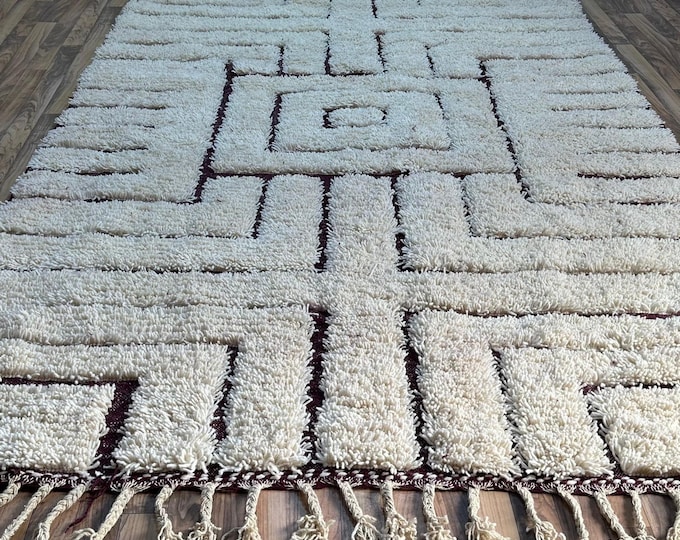 Handmade Beni Ourain Rug; Geometric Moroccan Wool Shag Carpet; Neutral Cream Boho Decor