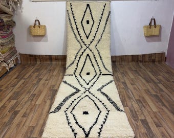 Authentic Beni Ourain Runner Rug Hand-Knotted Ivory Black Diamond Shag Hallway Kitchen Long Carpet