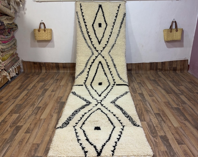 Authentic Beni Ourain Runner Rug Hand-Knotted Ivory Black Diamond Shag Hallway Kitchen Long Carpet