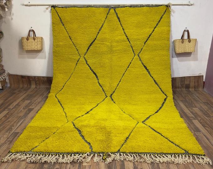 Vibrant Yellow Beni Ourain Rug - Hand-Knotted Moroccan Wool Shag Carpet with Black Diamond Grid - Modern Berber Rug