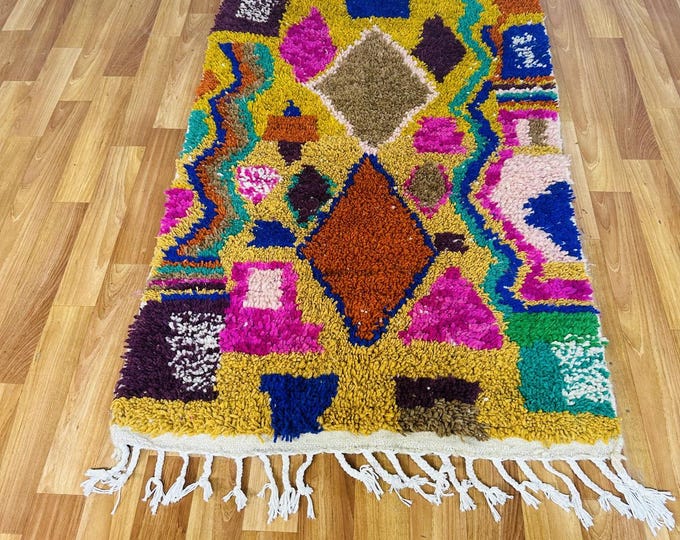 Mustard Yellow Berber Rug: Handwoven Wool Diamond Motif, Tribal Art