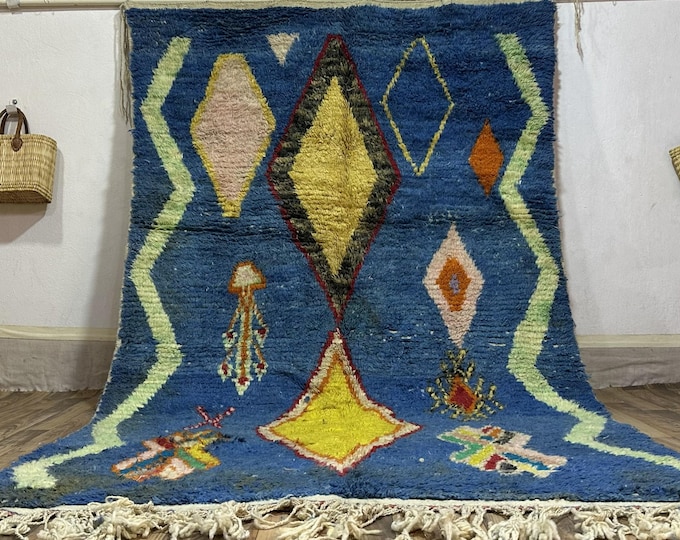 Handcrafted Moroccan Wool Rug – Abstract Blue Design with Colorful Diamonds – For Housewarming Gift