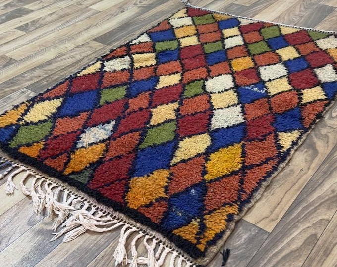 Bohemian Wall Art or Floor Decor | Handmade Berber Carpet (107 x 73 cm) | Vintage Wool Small Rug | Ready to Ship