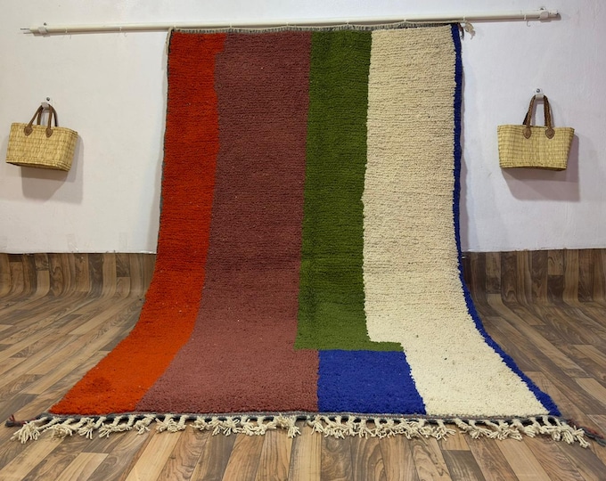 Modern Color Block Moroccan Shag Rug | Handwoven Wool Statement Kilim | Retro 70s Geometric Art