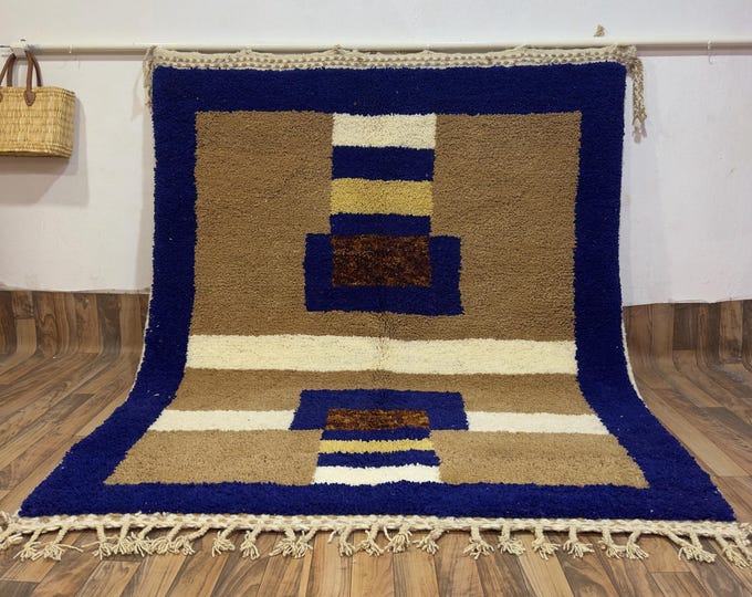 Authentic Beni Ourain Rug – Cream & Beige Hand-Knotted Wool Modern Moroccan Carpet – Minimalist Diamond Lattice