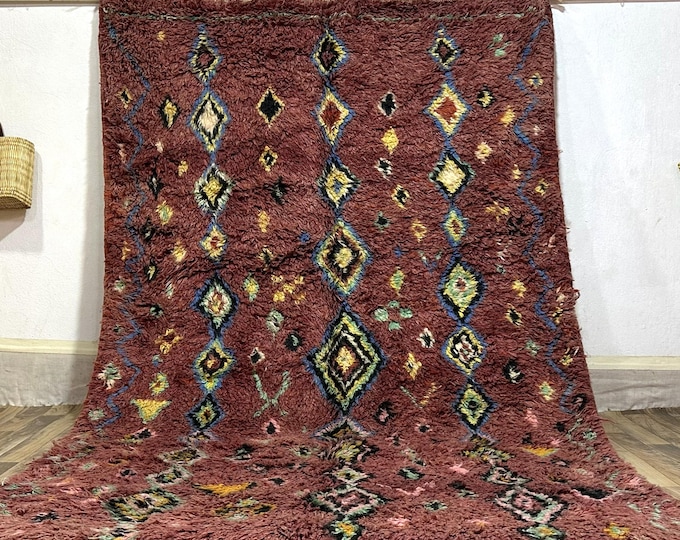 Deep Mauve Wool Rug: Handwoven Moroccan Carpet with Colorful Diamond Grid