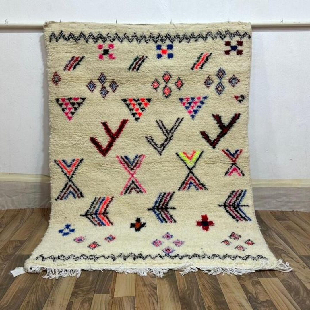 Hatchlu Rug Handmade Berber Wool Rug: Ivory Tribal Design, Colorful Accents - Etsy