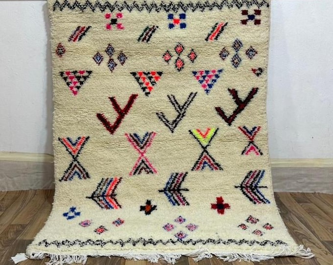 Authentic Berber Moroccan Wool Rug | Handwoven by Amazigh Women | Ivory Tribal Carpet with Colorful Motifs | Custom Made Boho Decor