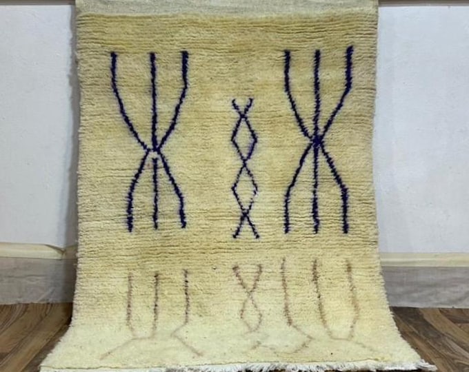 Custom Small Moroccan Rug, Blue and Cream Wool Carpet, Made to Order Berber Accent Rug with Tribal Symbols