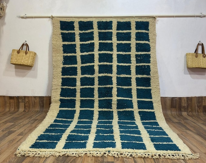Modern Teal Grid Rug: Hand-Knotted Moroccan Wool Windowpane Area Carpet